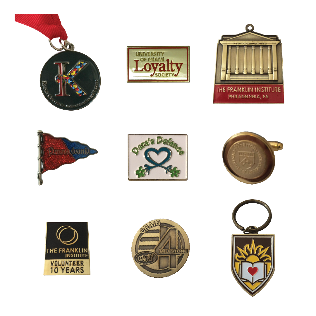 Die Cast lapel pins, coasters, and keychains from The Barash Group